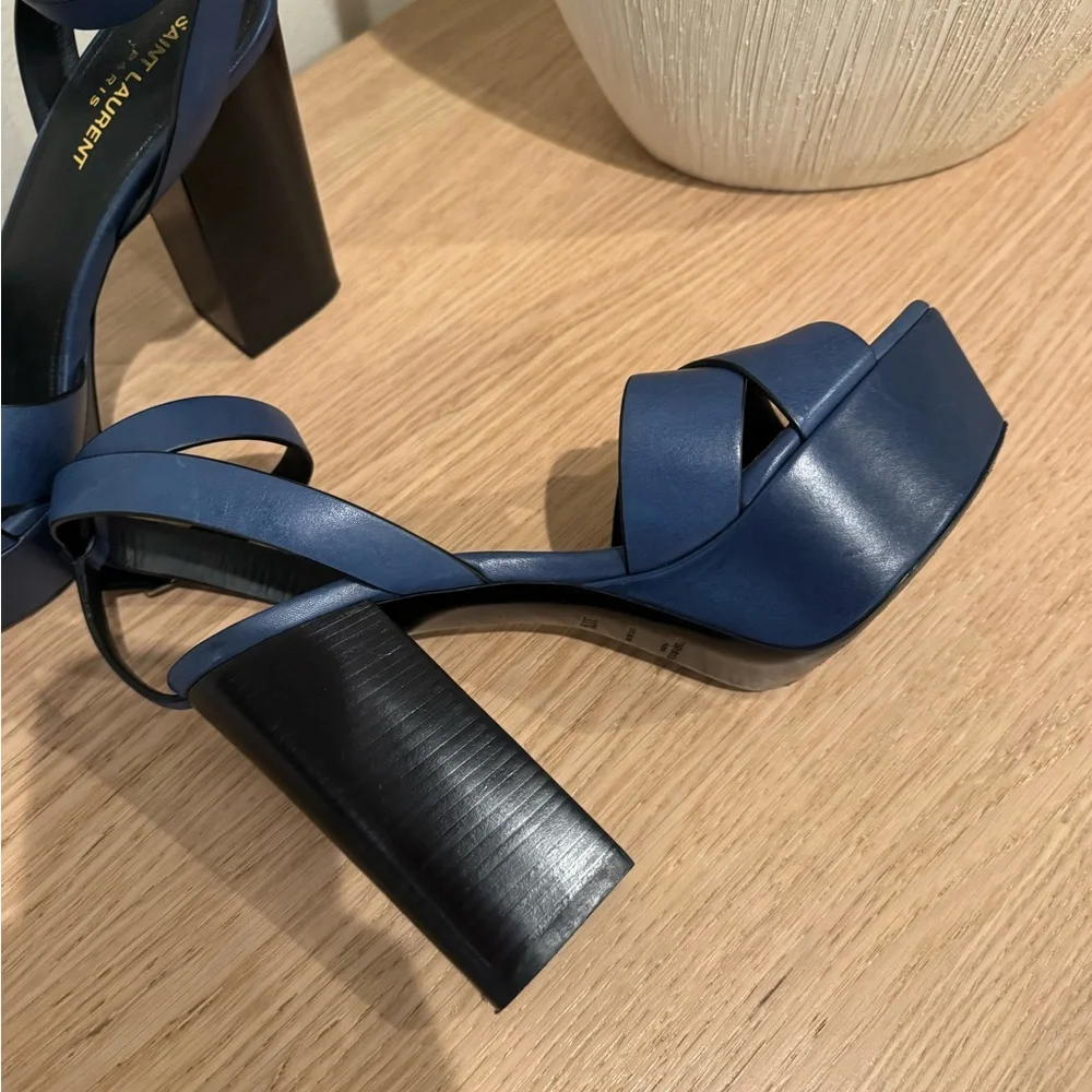 Saint Laurent Blue Leather Crisscross Block Heel Sandals - Picture 15 of 15